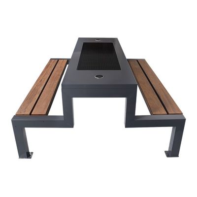 Outdoor Solar Table And Bench Black Metal Wood Bench With Solar Panel